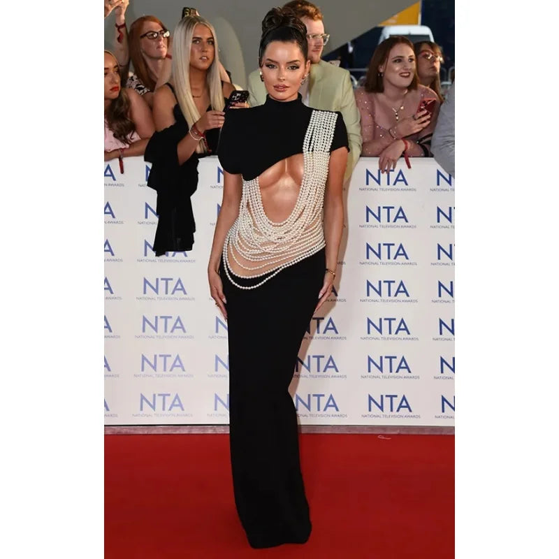 Pearl String Sexy Hollow Out Black Velvet Long Dress Elegant Woman Evening Party Dress Red Carpet Goddess Vestido black