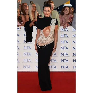 Pearl String Sexy Hollow Out Black Velvet Long Dress Elegant Woman Evening Party Dress Red Carpet Goddess Vestido black