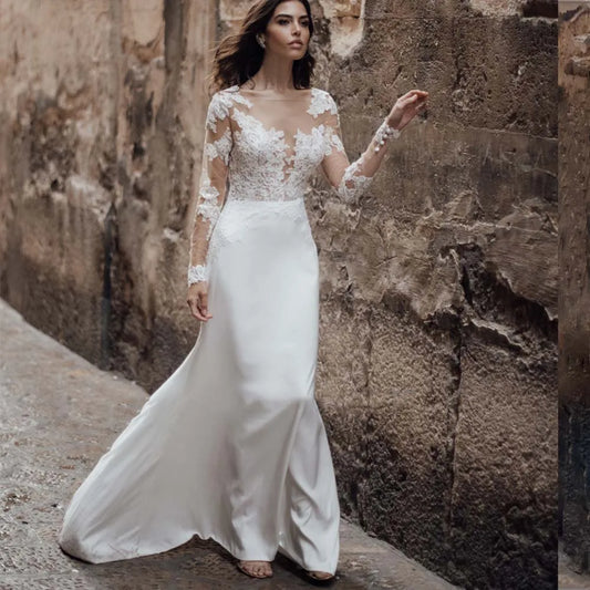 Vestido de novia con corpiño de encaje transparente y vestido de novia de manga larga en satén suave, vestidos elegantes para mujer, tamaño personalizado