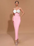 Sexy Women'S Light Luxury Flower Design Bandage Dress Spaghetti Strap Sleeveless Bodycon Backless Long Dresses Vestidos