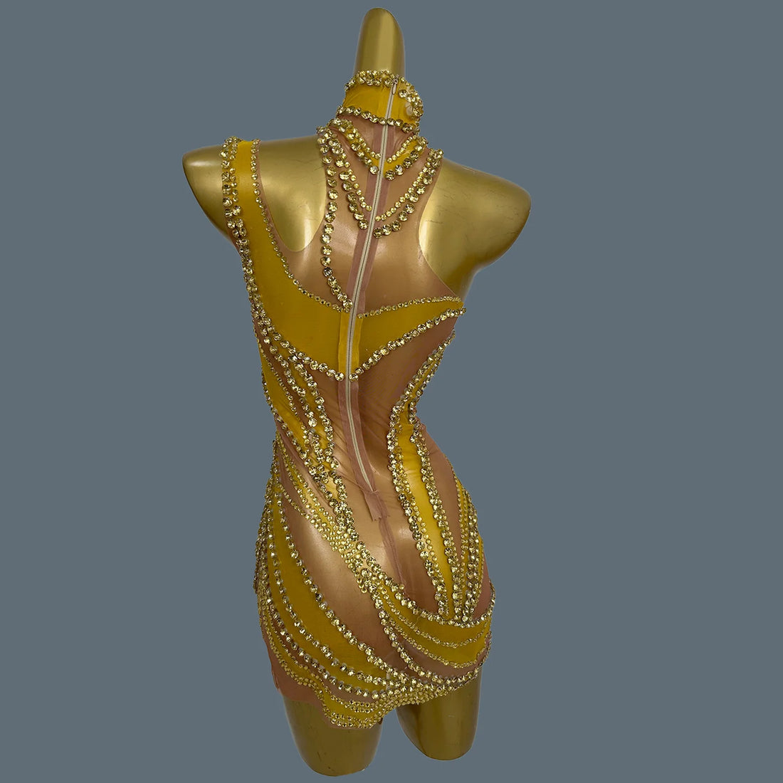 Sexy Women See Through Mesh Short Dress Sparkly Rhinestone Evening Prom Celebrate Birthday Dress Party Photography Wear Liuzhuan Gold One Size