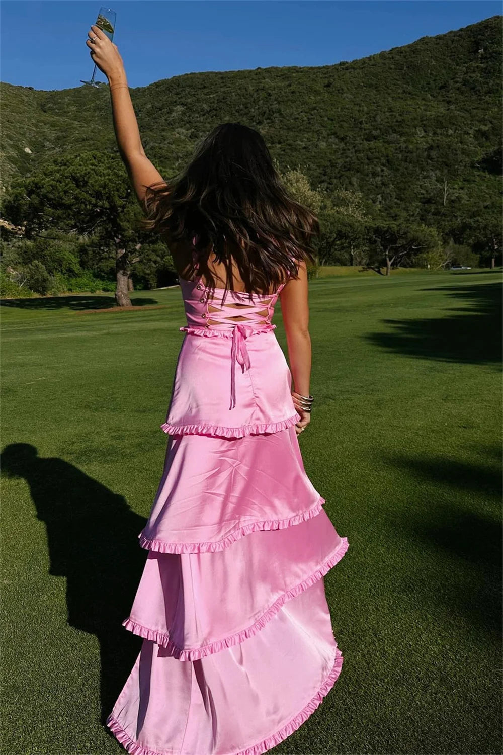 Baby Pink Satin Prom Dresses Spaghetti Strap Ankle-Length vestidos de noche Elegant Sleeveless Side Split Formal Evening