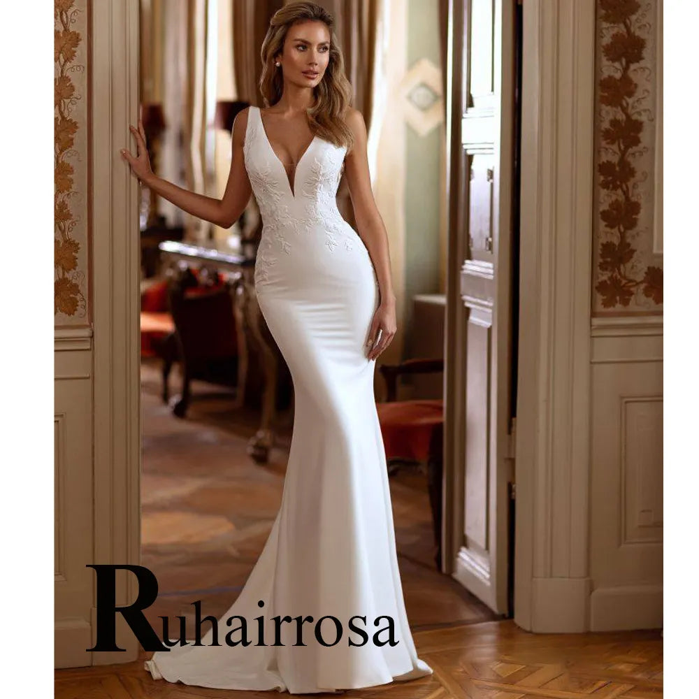 Seksowne sukienki ślubne syreny bez pleców dla kobiet Aplikacje koronkowe zbiornik w szpic Satyna Satyna wykonana na zamówienie vestidos de novia