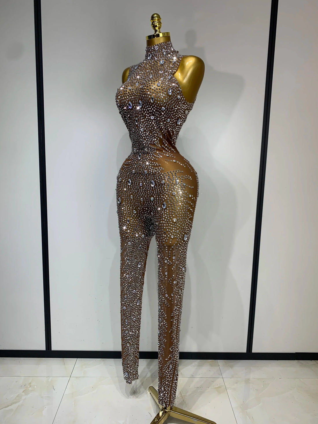 Luxury Rhinestones Jumpsuit Women Sexy Mesh See Through Performance Dance Costume Celebrate Club Birthday Party Stage Outfit Dark Brown