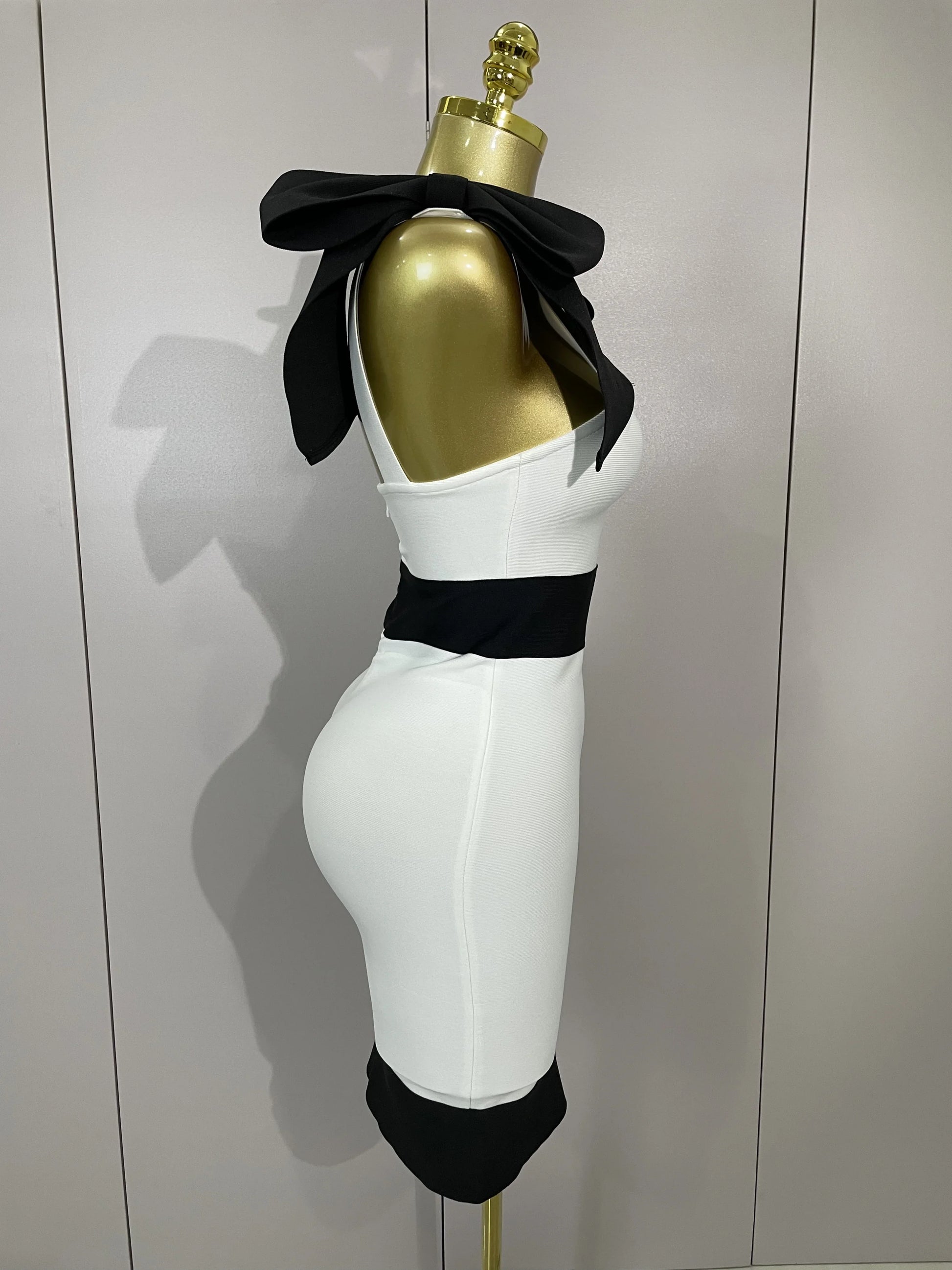 Sexy Bow Tie Black White Patchwork Bodycon Bandage Dress Women Celebrity Elegant Evening Club Party Birthday Dresses