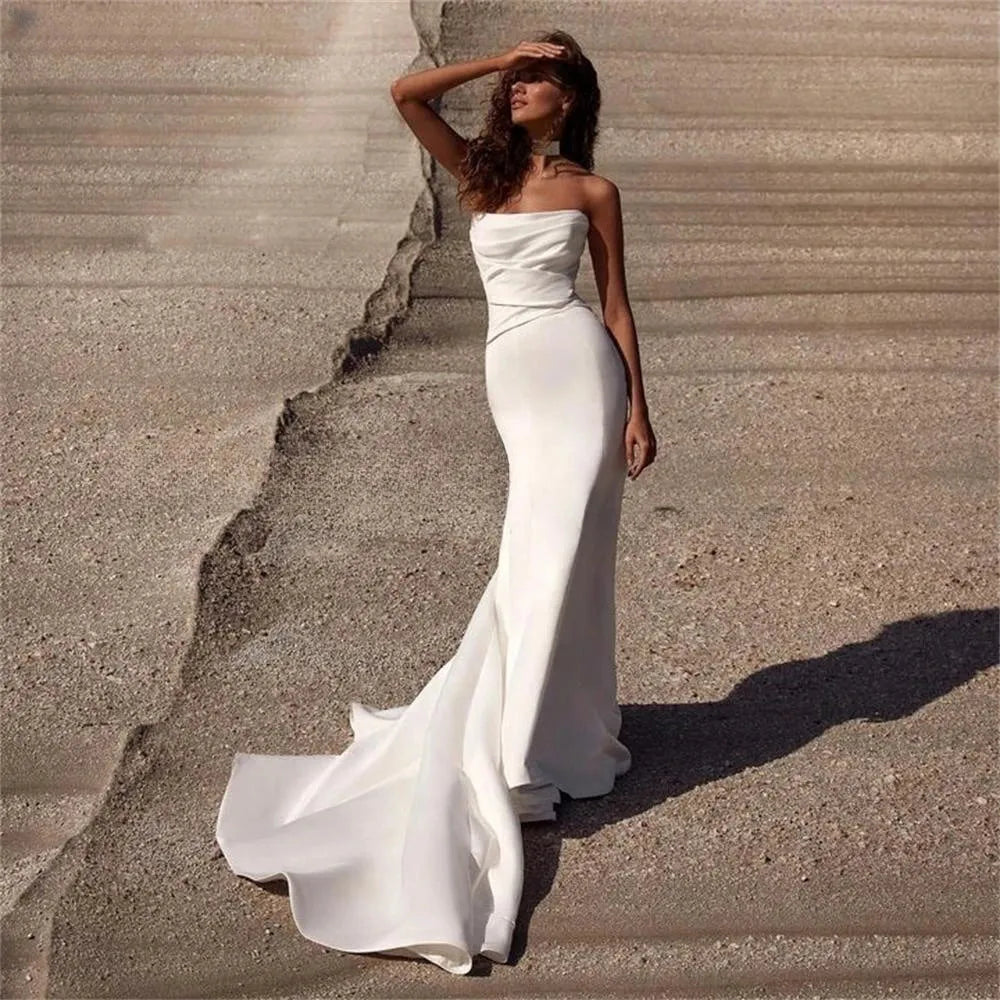 Luxury Mermaid Wedding Dresses Off Shoulder Elastic Satin Pleats Backless Bridal Gowns Beach Bride Dress Customize To Measure 14w