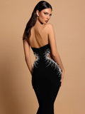 Strapless Crystal Black Maxi Long Gown Sparkling Diamond Hollow Tight Elegant Celebrity Party Evening Dress
