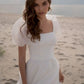 DREAM فستان زفاف بسيط برقبة مربعة للنساء وأكمام قصيرة منتفخة على شكل حرف A فستان زفاف أنيق