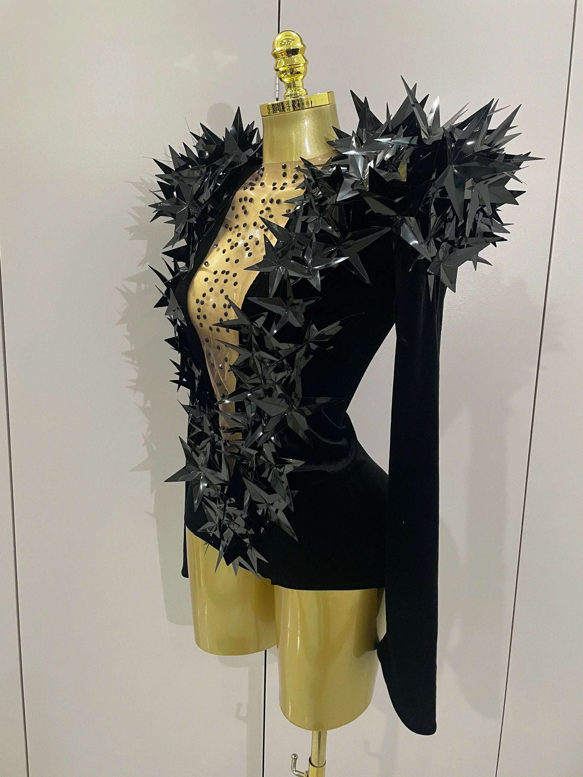 Shiny Black Rhinestone Velvet Long Sleeve Bodysuit Women Evening Party Club Gala Hosts NightClub Bar Stage Costumes
