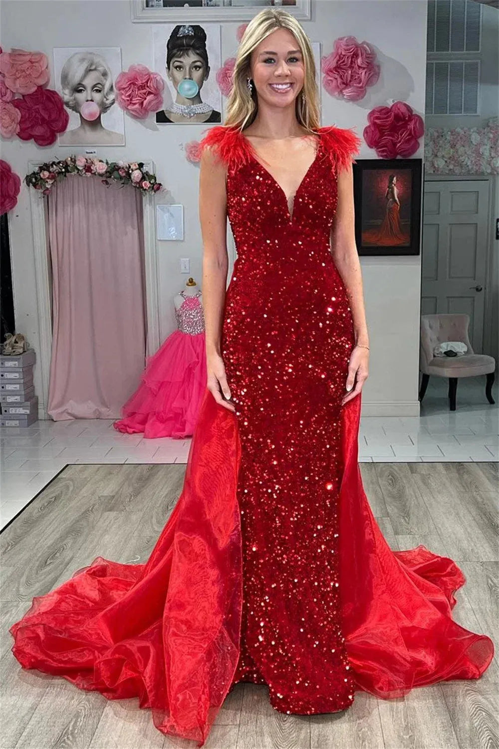 Wine Red Prom Dresses Shiny Sequins V-neck vestidos de noche Elegant Sleeveless Detachable Long Train Formal Evening as pic