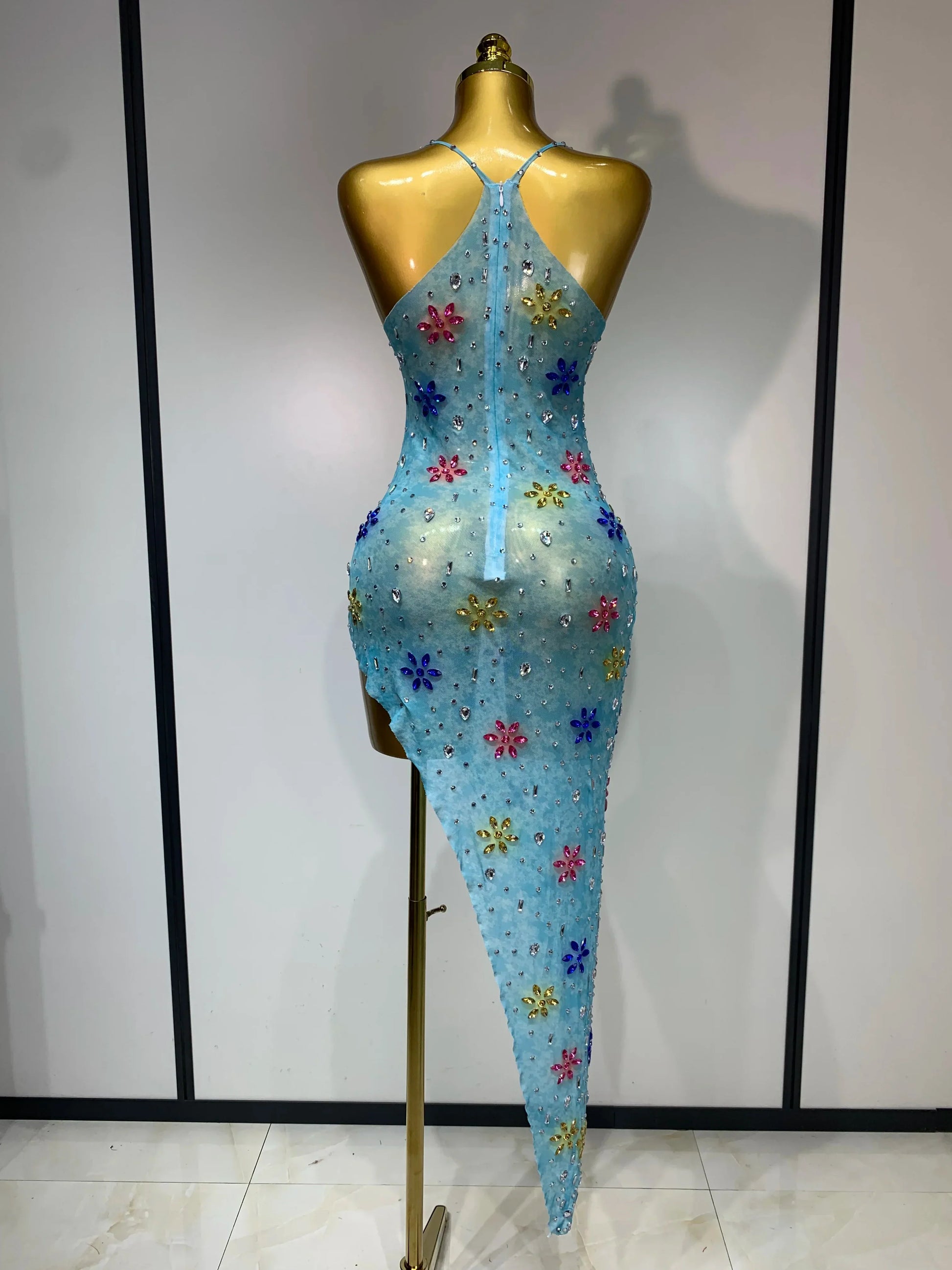 Newest Sexy Mesh High Split Sparkly Diamonds See Through Dress Luxury Birthday Dress Women Celebrate Party Stage Outfit