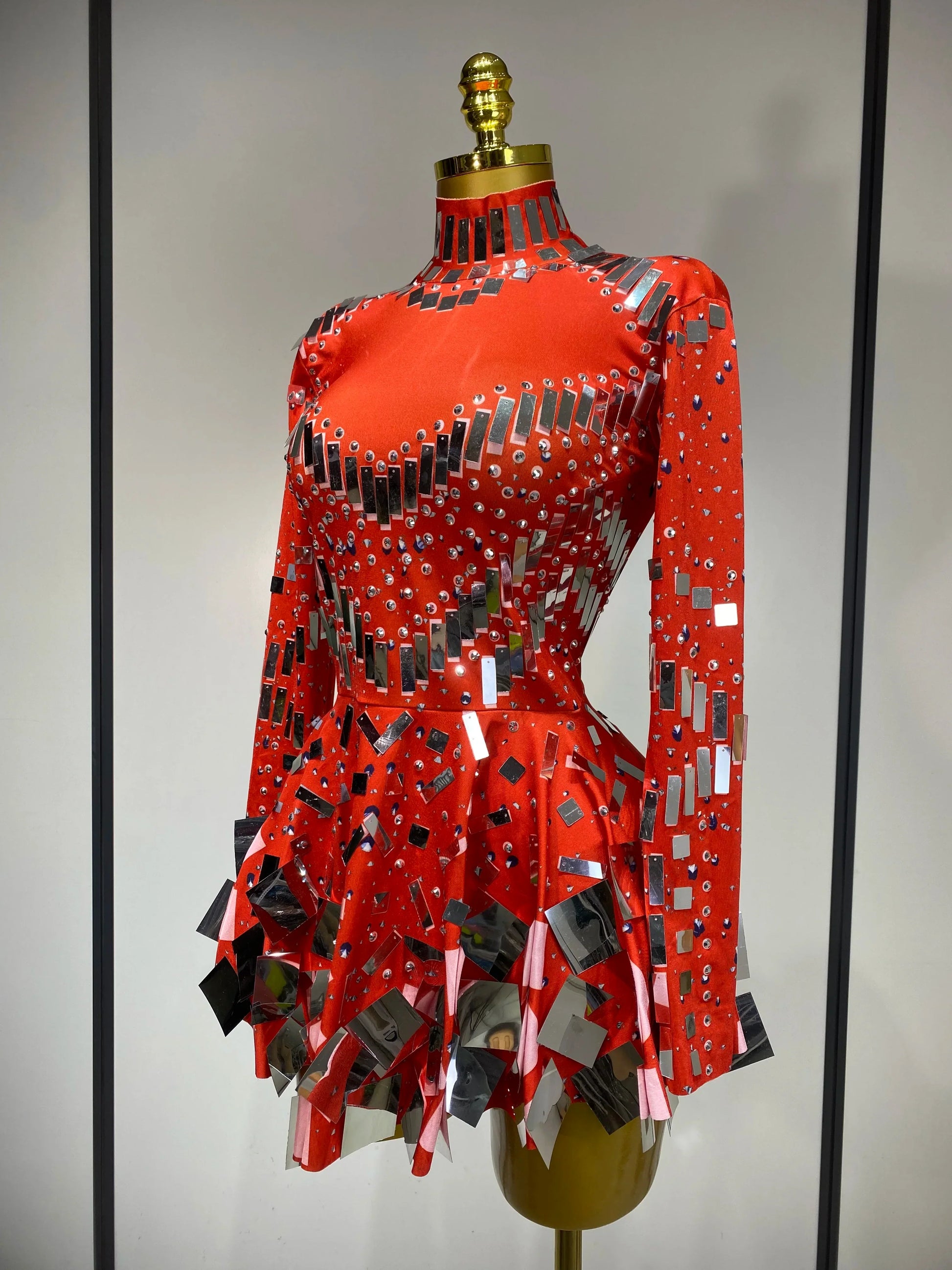 Women Sexy High Elastic A-Line Long Sleeve Dress Performance Costume Sparkly Nightclub Evening Party Hotwife Stage Outfit