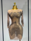 Luxury Birthday Rhinestones Half Sleeve Transparent Mini Dress Women Sexy Mesh Stretch Performance Celebrity Stage Wear Khaki