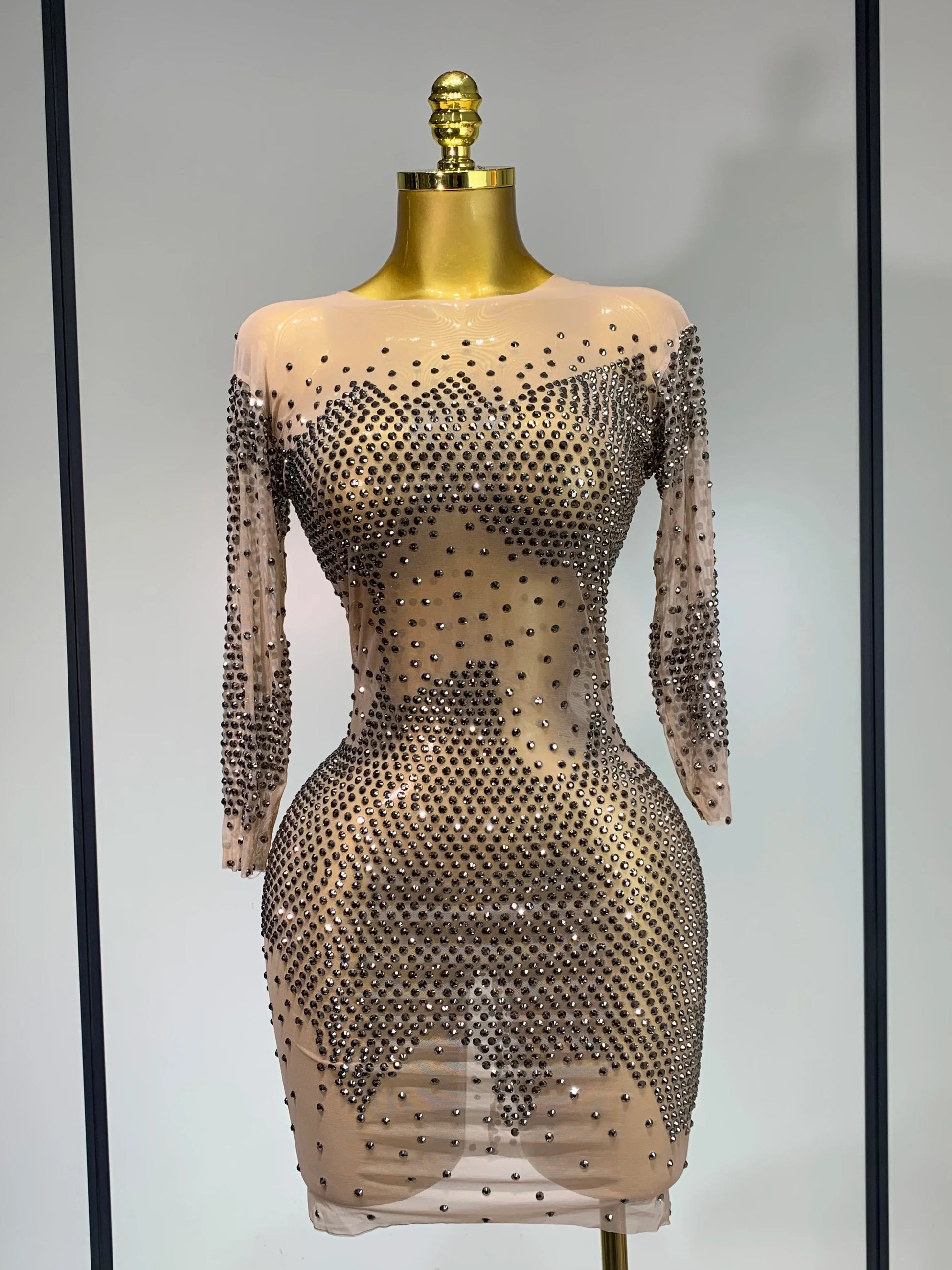 Luxury Birthday Rhinestones Half Sleeve Transparent Mini Dress Women Sexy Mesh Stretch Performance Celebrity Stage Wear Khaki
