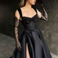 Satin Evening Dresses Black Beaded V Neckline Spaghetti Strap Front Slit A Line Formal Party Prom Gowns Women Custom made