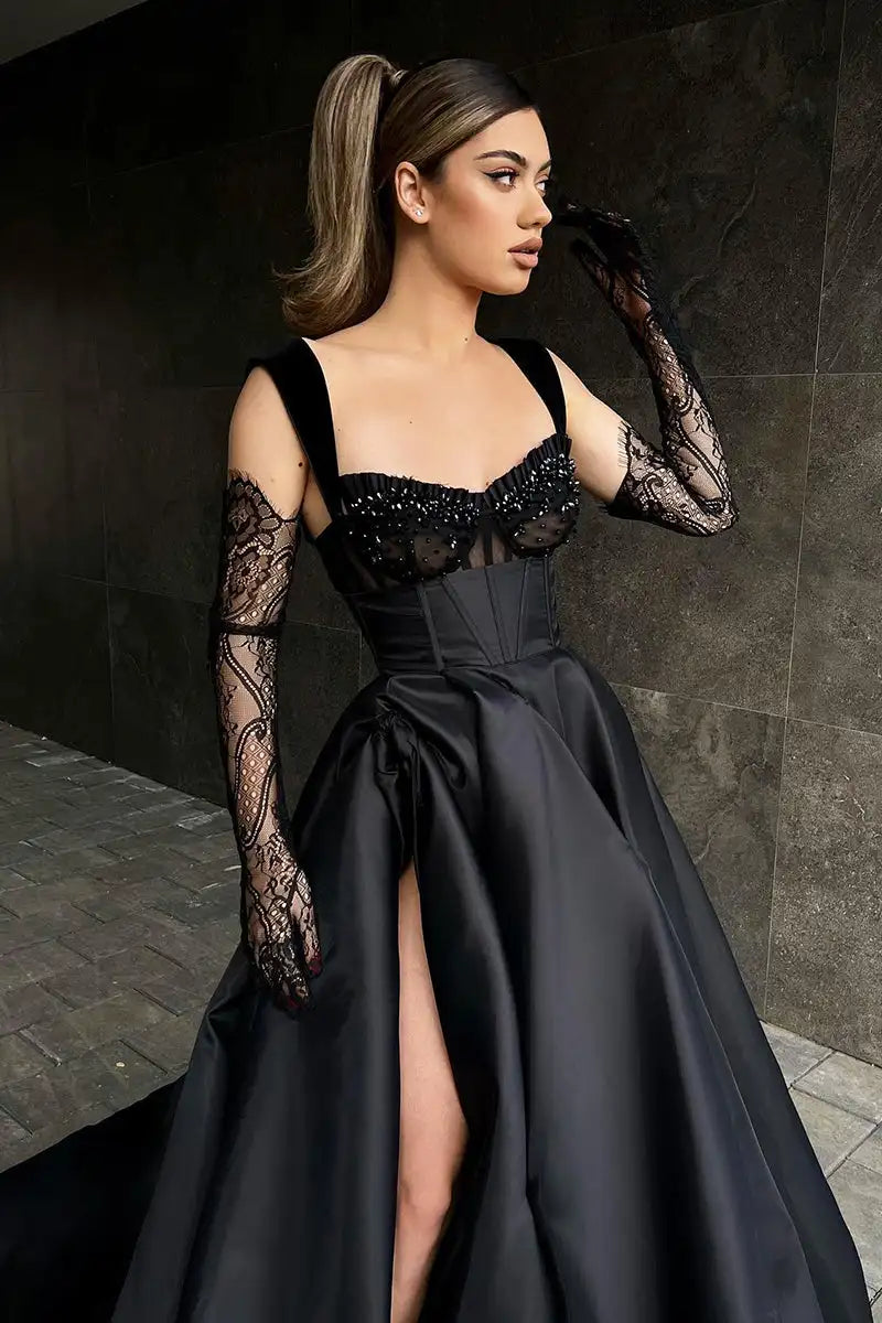 Satin Evening Dresses Black Beaded V Neckline Spaghetti Strap Front Slit A Line Formal Party Prom Gowns Women Custom made