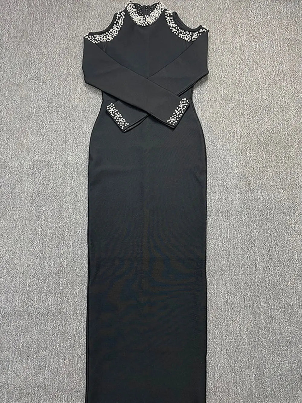 Sexy Women'S Light Luxury Crystal Pearl Design Bandage Dress O-Neck Off Shoulder Long Sleeved Bodycon Christmas Long Dress black