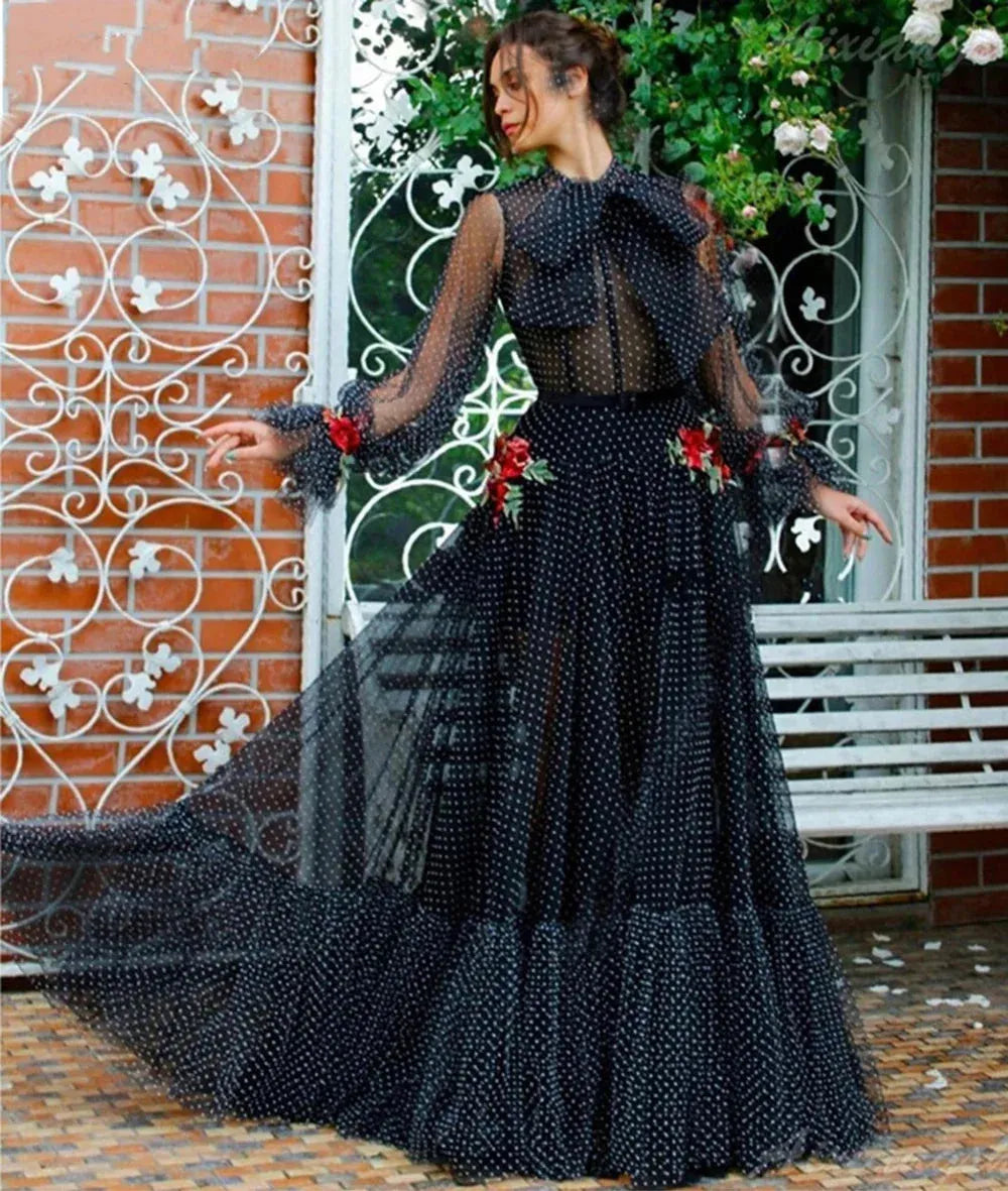 Black Wave Point A-line Wedding Dress Elegant Puff Sleeves Tulle Custom Dresses Crew-neckone Empire Waist vestido feminino as pic