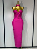 Women Sexy Bodycon Dress Fashion Elegant Strapless Sleeveless Bow Slim Dress Casual Streetwear Club Birthday Party Dresses Fuchsia