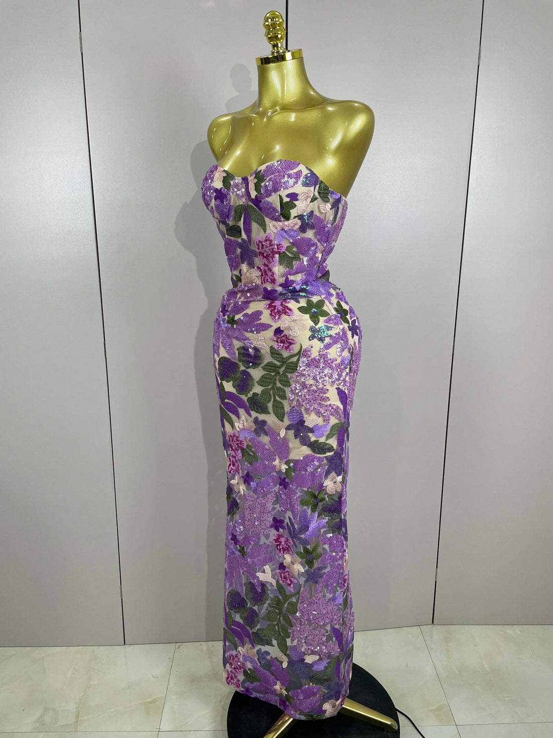 Sexy Strapless Floral Sequin Long Dress Women Sequins Flower Backless Long Slim Dress Evening Party Runway Gown Dress MULTI