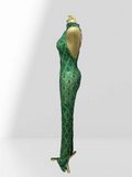 Woman Birthday Party Outfit Club Performance Costume Sparkling Diamond Green Sequins Sexy Mesh see Through Ankle Length Dress