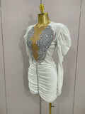 Luxury Sparkly Crystals Sexy Mesh White Velvet Short Dress Women Elegant Evening Prom Birthday Party Dresses Stage Costume