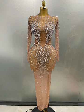 Sexy Shinny Rhinestone Stretch Mesh Transparent Long Dress Women Evening Birthday Party Prom Nightclub Singer Stage Wear Silver