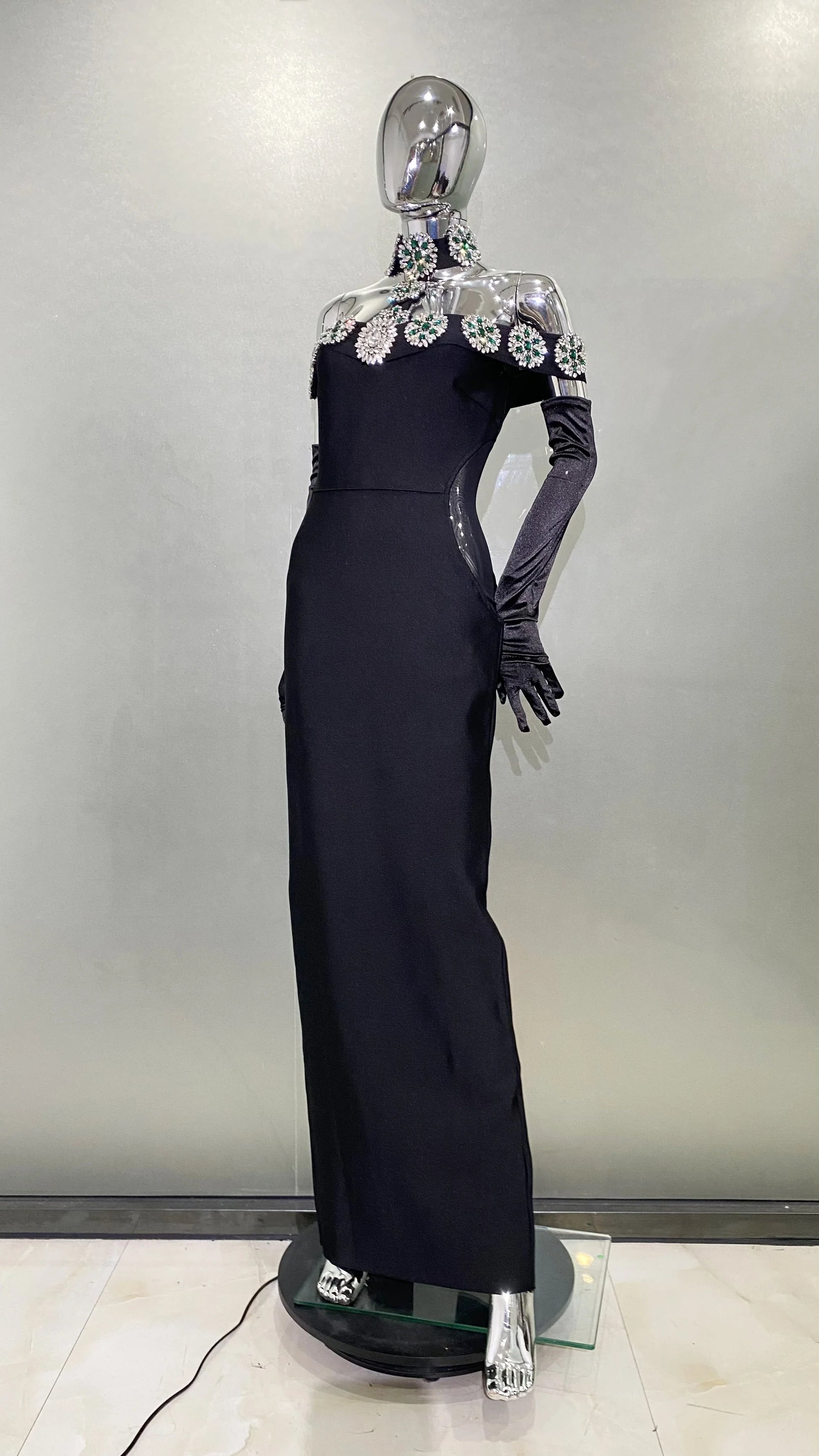 Fashion Golves Luxury Diamonds Sexy Off The Shoulder Halter Ankle Length Dress Graceful Woman Evening Party Dress