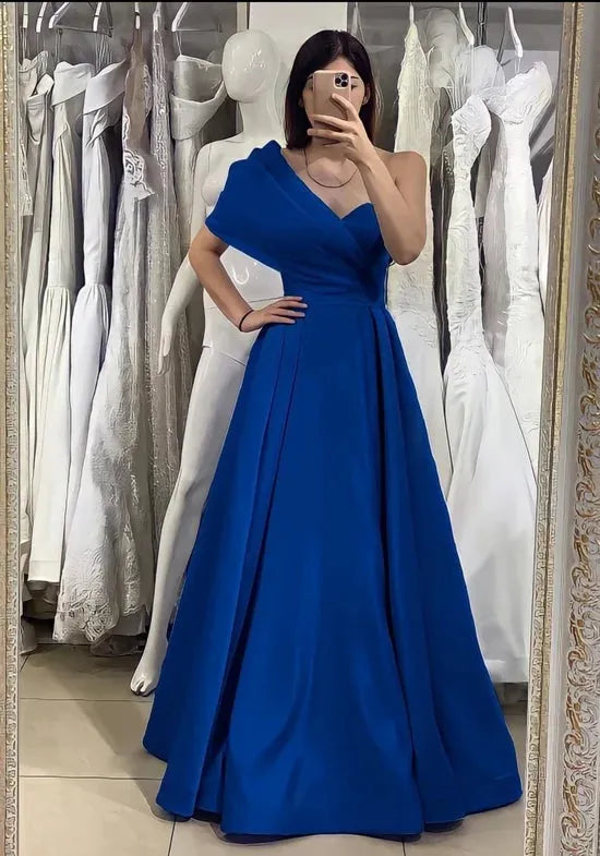 Royal Blue Evening Dresses One Shoulder Satin Long Floor Length Pleats A Line Formal Party Prom Gowns Custom made Navy Blue