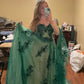 Green Long Evening Dresses Lace Applique Organza Off Shoulder Full Sleeves Sweetheart  Flowing Wrap Formal Party Women Prom Gown