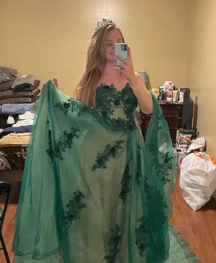 Green Long Evening Dresses Lace Applique Organza Off Shoulder Full Sleeves Sweetheart Flowing Wrap Formal Party Women Prom Gown