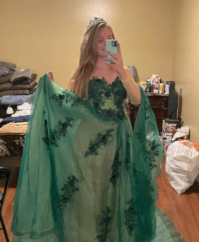 Green Long Evening Dresses Lace Applique Organza Off Shoulder Full Sleeves Sweetheart  Flowing Wrap Formal Party Women Prom Gown