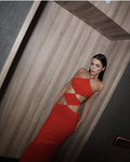 Sexy Hollow Out Sleeveless Halter Bodycon Red Long Bandage Dress Fashion's Sexy Woman Vocation Dress Summer Beach Party Vestido