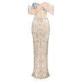 Vintage-Glam Beige Sequin Off Shoulder Strapless Mesh Design Mermaid Dress Evening Gown Beige