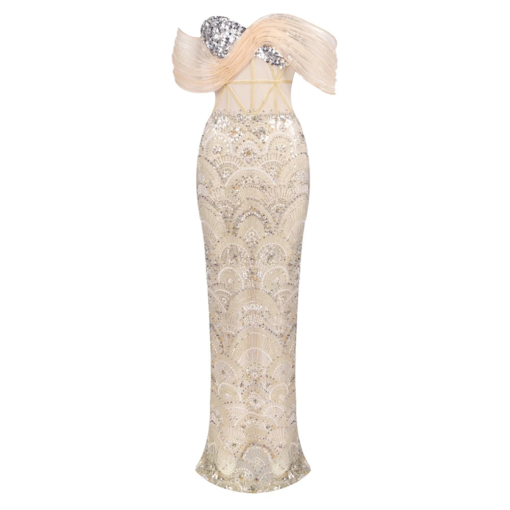 Vintage-Glam Beige Sequin Off Shoulder Strapless Mesh Design Mermaid Dress Evening Gown Beige