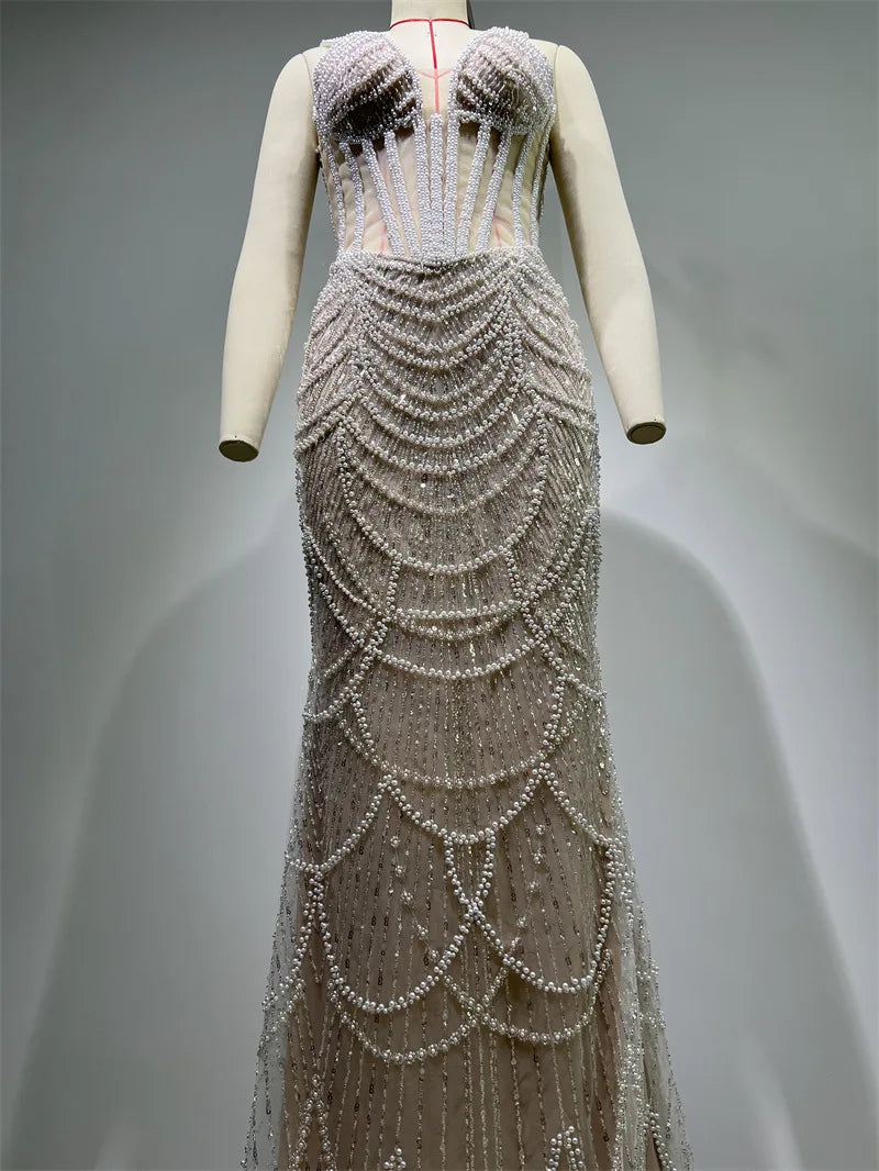 Luxury Pearl Beading Haute Couture Sexy V-Neck Floor Length Dress Woman Birthday Party Dress Wedding Party Goddess Vestido