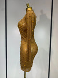 Women Sexy Gold Rhinestones Sparkly See Through Mini Dress Evening Party Fashion Performance Stage Outfit Luxury Birthday Dress