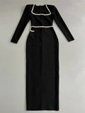 Elegant Women Dress Light Luxury Diamond Design Bandage Dress Square Neck Long Sleeve Bodycon Christmas Red Dress Vestidos black