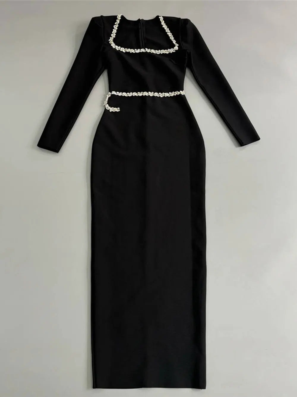 Elegant Women Dress Light Luxury Diamond Design Bandage Dress Square Neck Long Sleeve Bodycon Christmas Red Dress Vestidos black