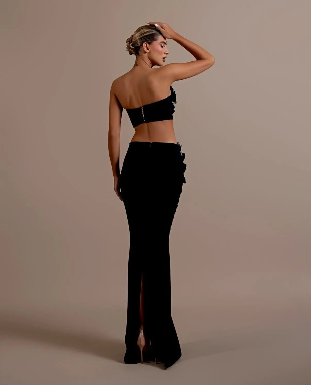 Luxury Dazzling Diamond Flowers Short Strapless Top And Ankle Length Skirt 2 Pieces Woman Set Celebrity Party Vestido