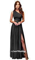 Women One Shoulder Bridesmaid Dress Chiffon Sleeveless A-Line Side Split Pleat Floor-Length Wedding Party Dress Customized Photo Color 2