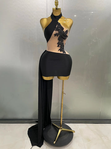 Sexy Sparkly Beaded Mesh See-Through Backless Cocktail Short Dress Women Evening Prom Celebrate Birthday Party Stage Costume black