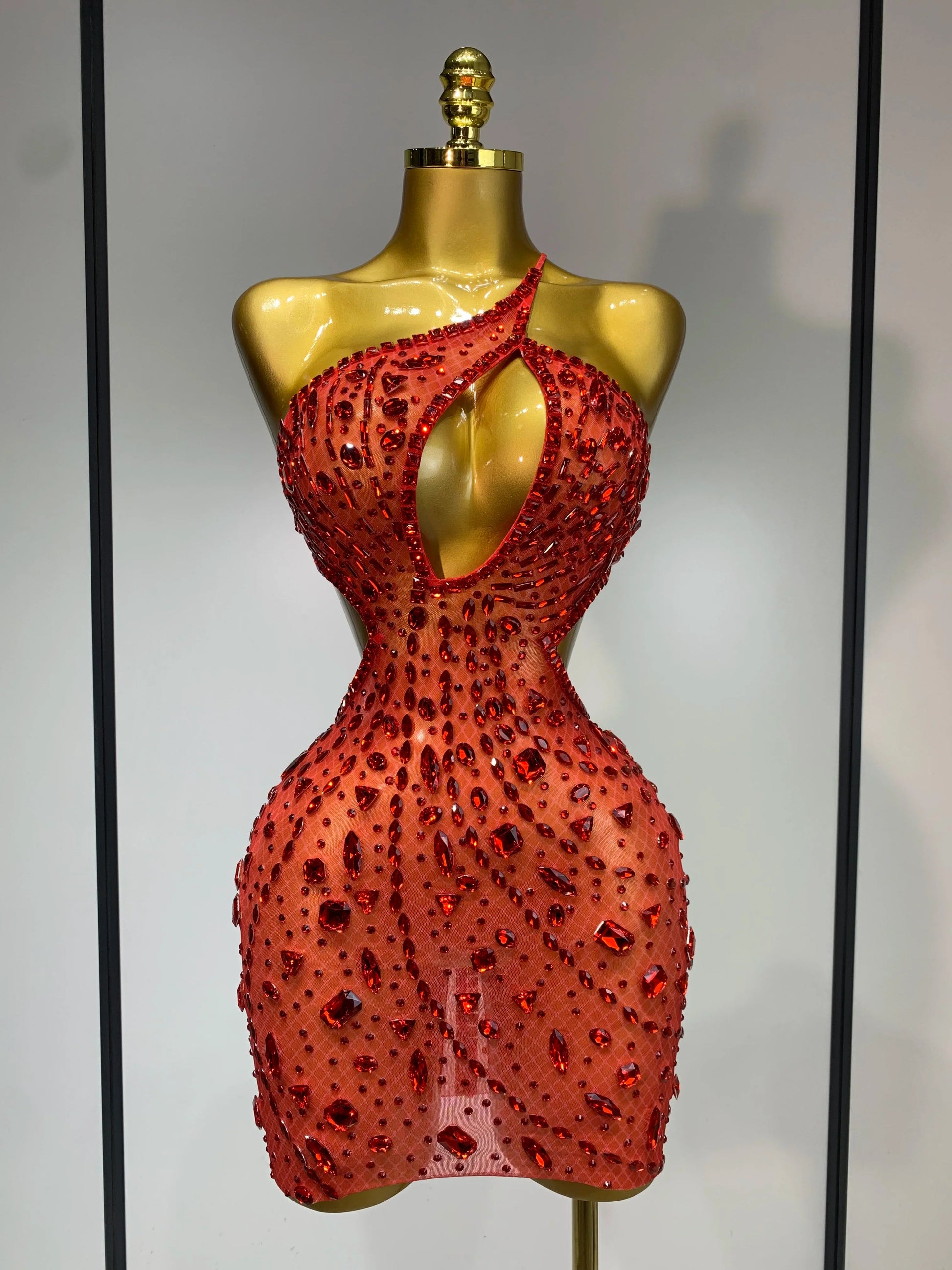 Women Sexy Backless See Through Sparkly Diamond Evening Prom Gown Luxury Birthday Celebrate Stage Nightclub Hotwife Outfit Red