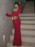 Chic One-Shoulder Crop Top and Maxi Skirt Ensemble with Floral Accents for a Special Occasion Evening Gown