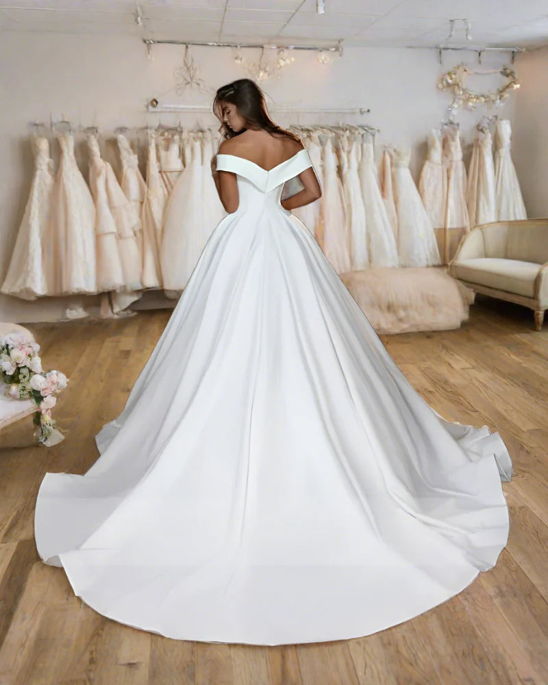 Cantik Gaun Perkahwinan Line Untuk Wanita Di luar bahu V Leher Satin Formal Princess Fashion Bride Gowns Vestidos de Novia