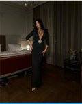 Autumn Shining Diamonds Sexy V-Neck Package Hip Black Floor Length Dress Graceful Woman Party Dress Cocktail Party Outfit