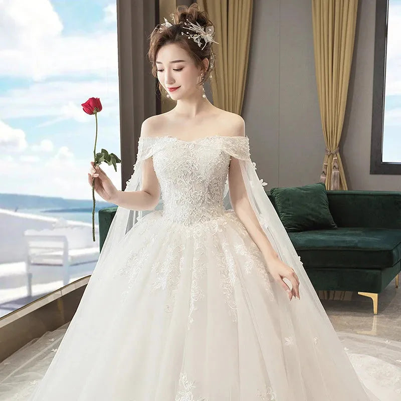 French Luxury White Boat Neck Wedding Dresses For Bride Elegant Sexy Puff Sleeve Long Prom Party Dress Women Vestidos Floorlength Floor length | cn
