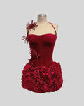 Sweet Women Set Sexy Strapless Laced-up Tops Florlas Bodycon Mini Velvet Skirt 2 Piece Celebrate Birthday Party Dress Red