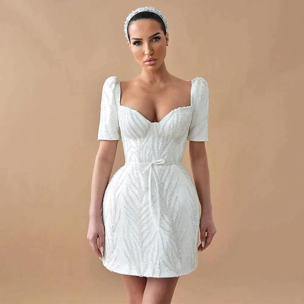Vestido de noiva Glitter Mini bainha/coluna Mangas curtas V vestidos de noiva de pescoço para mulheres noiva vestidos de noiva sem costas