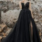 Gothic Black Lace Embroidery Tulle Prom Dress Elegant Spaghetti Strap A-line vestidos par boda Side Split Wedding Dress